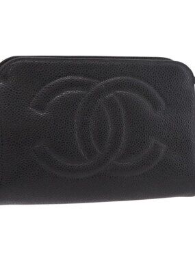 CHANEL Pouch Grained Calf Skin Black Gold CC Auth 183391